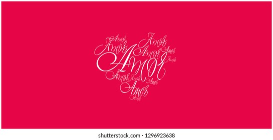 Flat vector illustration of heart from calligraphic "amor" on red background for Valentine`s Day cards, greetings, invitations, posters, banners, prints, flyers, wedding design and decoration, web.