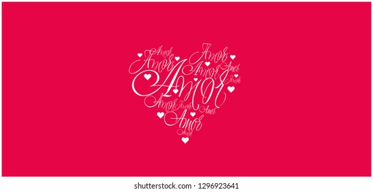 Flat vector illustration of heart from calligraphic "amor" on red background for Valentine`s Day cards, greetings, invitations, posters, banners, flyers, prints, wedding design and decoration, web.