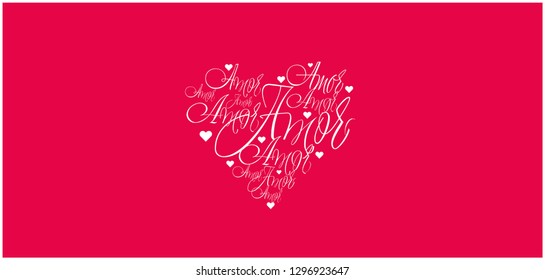 Flat vector illustration of heart from calligraphic "amor" on red background for Valentine`s Day cards, wedding design and decoration, invitations, greetings, posters, banners, flyers, prints, web.