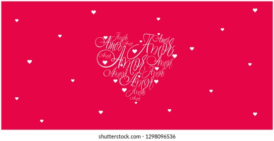 Flat vector illustration of heart from calligraphic "amor" on red background for Valentine`s Day cards, wedding design and decoration, greetings, invitations, posters, prints, banners, flyers, web.