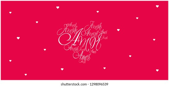 Flat vector illustration of heart from calligraphic "amor" on red background for Valentine`s Day cards, wedding design and decoration, invitations, greetings, posters, prints, flyers, banners, web.