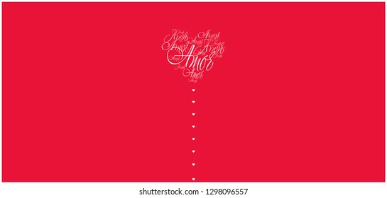 Flat vector illustration of heart from calligraphic "amor" on red background for Valentine`s Day cards, invitations, greetings, wedding design and decoration, posters, prints, banners, flyers, web.