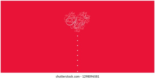 Flat vector illustration of heart from calligraphic "amor" on red background for Valentine`s Day cards, greetings, invitations, wedding design and decoration, posters, banners, prints, flyers, web.