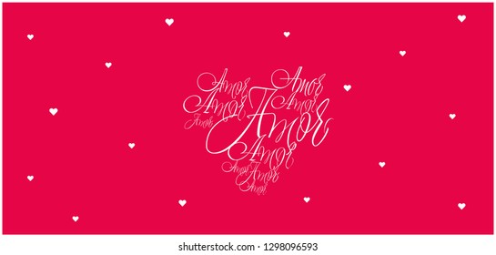 Flat vector illustration of heart from calligraphic "amor" on red background for Valentine`s Day cards, wedding design and decoration, greetings, invitations, prints, posters, flyers, banners, web.