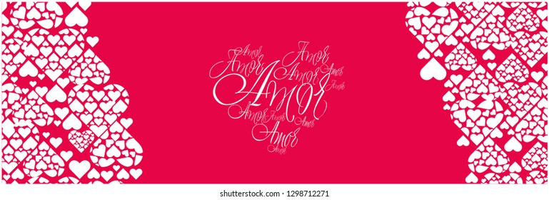 Flat vector illustration of heart from calligraphic "amor" on red background for Valentine`s Day cards, invitations, greetings, posters, banners, prints, flyers, wedding design and decoration, web.