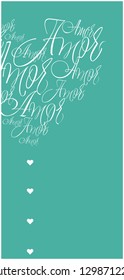 Flat vector illustration of heart from calligraphic "love" on turquoise background for Valentine`s Day cards, invitations, greetings, banners, posters, flyers, wedding design and decoration, web.