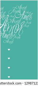 Flat vector illustration of heart from calligraphic "love" on turquoise background for Valentine`s Day cards, wedding design and decoration, greetings, invitations, posters, banners, flyers, web.