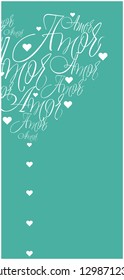 Flat vector illustration of heart from calligraphic "love" on turquoise background for Valentine`s Day cards, invitations, greetings, banners, flyers, posters, wedding design and decoration, web.