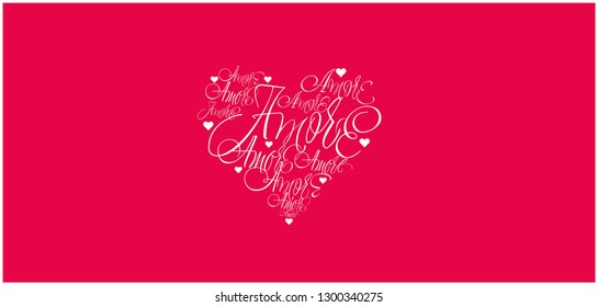 Flat vector illustration of heart from calligraphic "AMORE" written in italian, for Valentine`s Day cards, wedding design and decoration, invitations, greetings, posters, banners, flyers, prints, web.