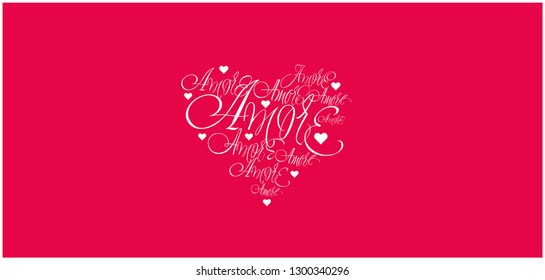 Flat vector illustration of heart from calligraphic "AMORE" written in italian, for Valentine`s Day cards, greetings, invitations, posters, banners, flyers, prints, wedding design and decoration, web.