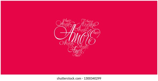 Flat vector illustration of heart from calligraphic "AMORE" written in italian, for Valentine`s Day cards, invitations, greetings, posters, banners, prints, flyers, wedding design and decoration, web.