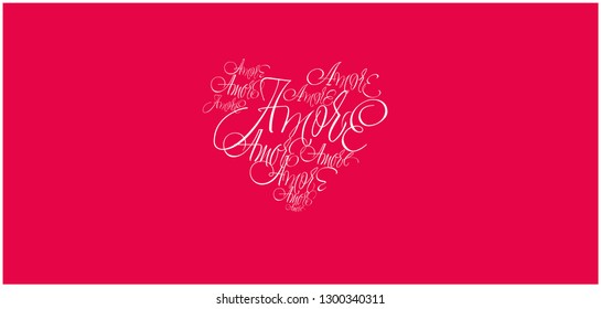 Flat vector illustration of heart from calligraphic "AMORE" written in italian, for Valentine`s Day cards, wedding design and decoration, greetings, invitations, prints, posters, banners, flyers, web.