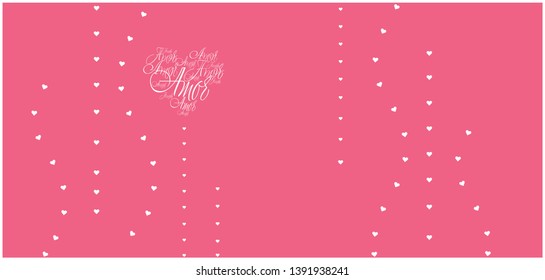 Flat vector illustration of heart from calligraphic "AMOR"- mean LOVE, written in Spanish, on pink background for Valentine`s Day cards, posters, prints, greetings, invitations, wedding design, web.