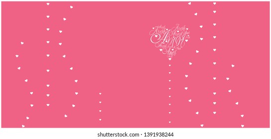 Flat vector illustration of heart from calligraphic "AMOR"- mean LOVE, written in Spanish, on pink background for Valentine`s Day cards, posters, greetings, invitations, wedding design, prints, web.