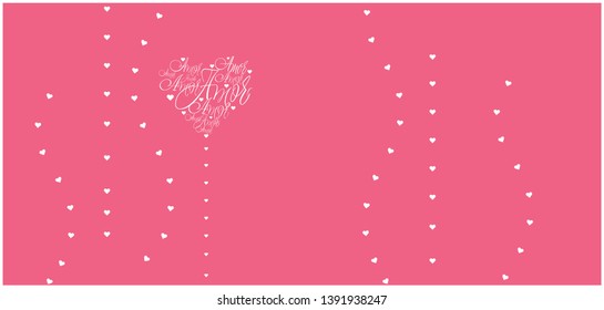 Flat vector illustration of heart from calligraphic "AMOR"- mean LOVE, written in Spanish, on pink background for wedding design, Valentine`s Day cards, posters, prints, greetings, invitations, web.