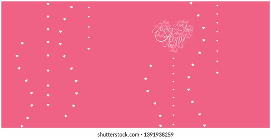 Flat vector illustration of heart from calligraphic "AMOR"- mean LOVE, written in Spanish, on pink background for Valentine`s Day cards, greetings, invitations, wedding design, posters, prints, web.