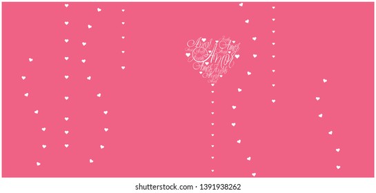 Flat vector illustration of heart from calligraphic "AMOR"- mean LOVE, written in Spanish, on pink background for wedding design, Valentine`s Day cards, posters, invitations, greetings, prints, web.