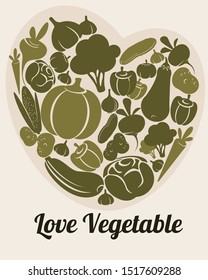 Flat vector illustration of a heart made of vegetables: a garkic, a corn, a beet, a turnip, a cabbage, a carrot, a squash, a broccoli, a potato, a tomato, a cucumber, an onion and a pepper