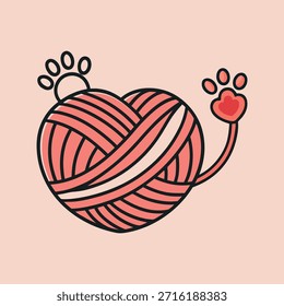 Ilustración vectorial plana de una bola de hilo en forma de corazón con una Pequeña pata de gatito tocándola, concepto minimalista de amante de los gatos