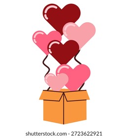 Ilustración vectorial plana de globos en forma de corazón flotando de una caja de cartón abierta, ideal para sorpresas de San Valentín, regalos románticos y diseños de celebración aislados en blanco.