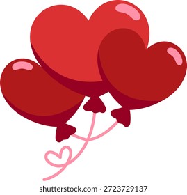 Flache Vektorgrafik von herzförmigen Ballons, die Liebe, Romantik und festliche Feiern darstellen.