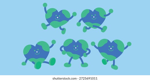 A flat vector illustration of a heart shaped earth character in five different poses for environmental protection. Designed in a clean and modern style for use in eco-friendly campaigns, social media, and educational templates.