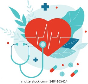 Flache Vektorillustration mit Herz und Stethoskop. Routinemäßige ärztliche Untersuchung
