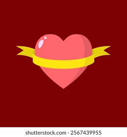 Flat vector illustration of a heart with a yellow ribbon wrapped around it. Ideal for Valentine's Day, love-themed designs, and greeting cards