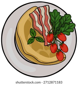 Eine flache Vektorgrafik einer herzhaften Frühstücksplatte mit gestapelten Pfannkuchen, knusprigen Speckstreifen, frischen Kirschtomaten auf dem Weinstock und lebhaften grünen Basilikumblättern, präsentiert auf einem hellgrauen...