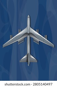 Flat vector illustration of a heavy strategic bomber aircraft flying over a blue background.