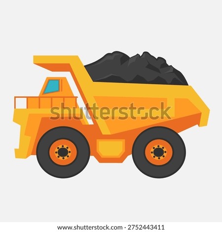 Flat vector illustration of a heavy-duty dump truck carrying coal for mining industry