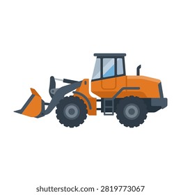 A flat vector illustration of a heavy-duty orange wheel loader construction vehicle shown from a side profile isolated on white background