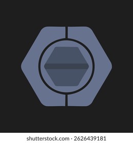 Flat vector illustration of a hexagon nut and bolt head icon in dark tones, industrial fastener element for mechanical and construction tool graphics