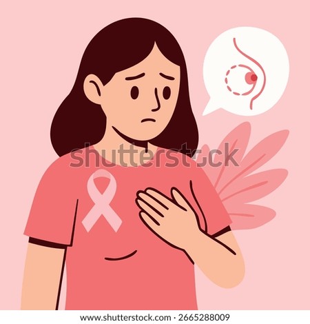 Flat vector illustration highlighting breast cancer awareness with pink ribbon, diverse women and supportive gesture of hand over chest