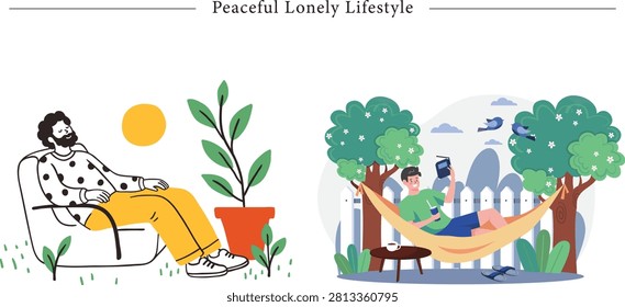 Flat vector illustration highlighting a dual-panel concept of a peaceful solitary lifestyle, outdoor relaxation, and mindful leisure activities. The left side visualizes a cozy backyard scene where a bearded man in a polka dot sweater and yellow trousers sits comfortably on an armchair, sunbathing with closed eyes under a bright golden sun next to a large terracotta potted plant. The right panel displays a serene garden setting featuring a young male lounging on a yellow hammock strung between two green blossoming trees. He relaxes with a blue book in one hand and a cold drink with a straw in the other, while a coffee cup rests on a low wooden side table nearby. The garden environment is framed by a white picket fence, passing blue birds, and lush shrubs. Perfect for mental health blogs, wellness retreat websites, travel and outdoor gear catalogs, lifestyle magazine headers, and self-care application banners.