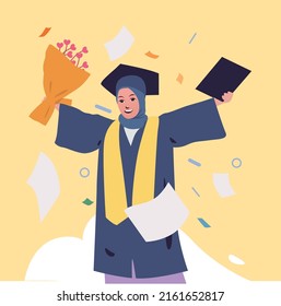 flat vector illustration of hijab female university students with diplomas holding bucket of flower