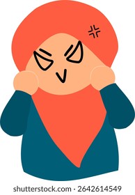 Flat vector illustration of a hijab-wearing girl character set, showing four different emotional expressions: angry, emotional, peace sign, and annoyed. Designed in a cute and modest style, perfect fo