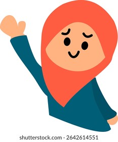 Flat vector illustration of a hijab-wearing girl character set, showing four different emotional expressions: angry, emotional, peace sign, and annoyed. Designed in a cute and modest style, perfect fo