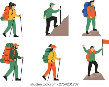 Flat vector illustration of hikers with backpacks and trekking poles climbing mountains for outdoor adventure travel camping and peak achievement