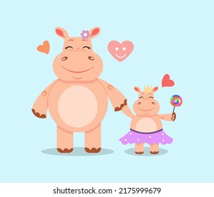 Flat vector illustration of hippopotamuses mother and daughter. 