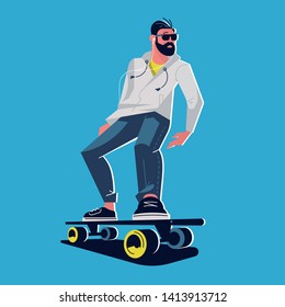 Flat vector illustration. The hipster with a beard rides a skateboard, a longboard. Modern citizen.
