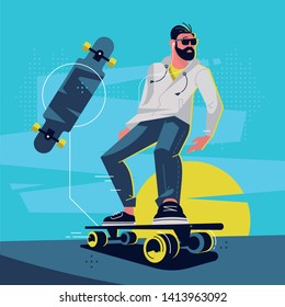 Flat vector illustration. The hipster with a beard rides a long board.