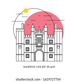 Flat vector illustration of a historic building in London, Simple outline icon design cartoon landmark for vacation travel trip tourist attractions. Hamton Court Place, London England.