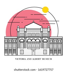 Flat vector illustration of a historic building in London, Simple outline icon design cartoon landmark for vacation travel tourist attractions. Victoria and Albert Museum, London England.