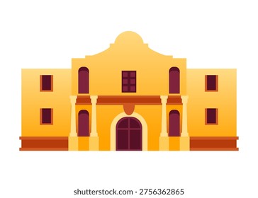 Flat vector illustration of the historic Mission San Antonio de Valero, The Alamo. Warm tones, bold shapes, and colonial architecture reflect its cultural and historical significance