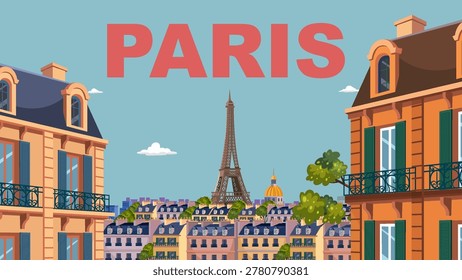 Flat vector illustration of historic Parisian architecture and famous landmark under clear blue sky