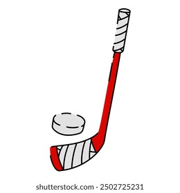 flat vector illustration of a hockey stick with a puck, made in red and white, stylized in the colors of the Canadian flag. The wooden red club is rewound with a ribbon. A white washer. Isolated items