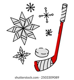 A flat vector illustration of a hockey stick with a puck and snowflakes, made in red and white, stylized in the colors of the Canadian flag. wooden red club is rewound with a ribbon. A white washer