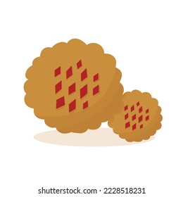 Flat vector illustration of home baked cookie with red jam. Sweet Christmas biscuit pastry.