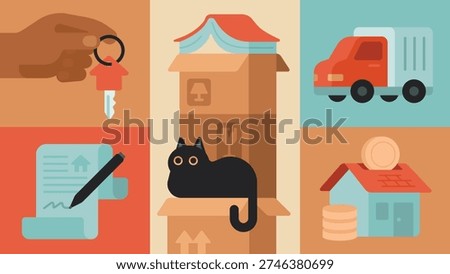 Flat vector illustration of home buying and moving steps, composition showing real estate contract, relocation logistics, and property investment.